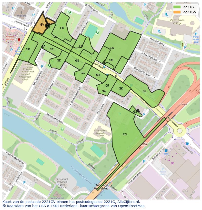 Afbeelding van het postcodegebied 2221 GV op de kaart.