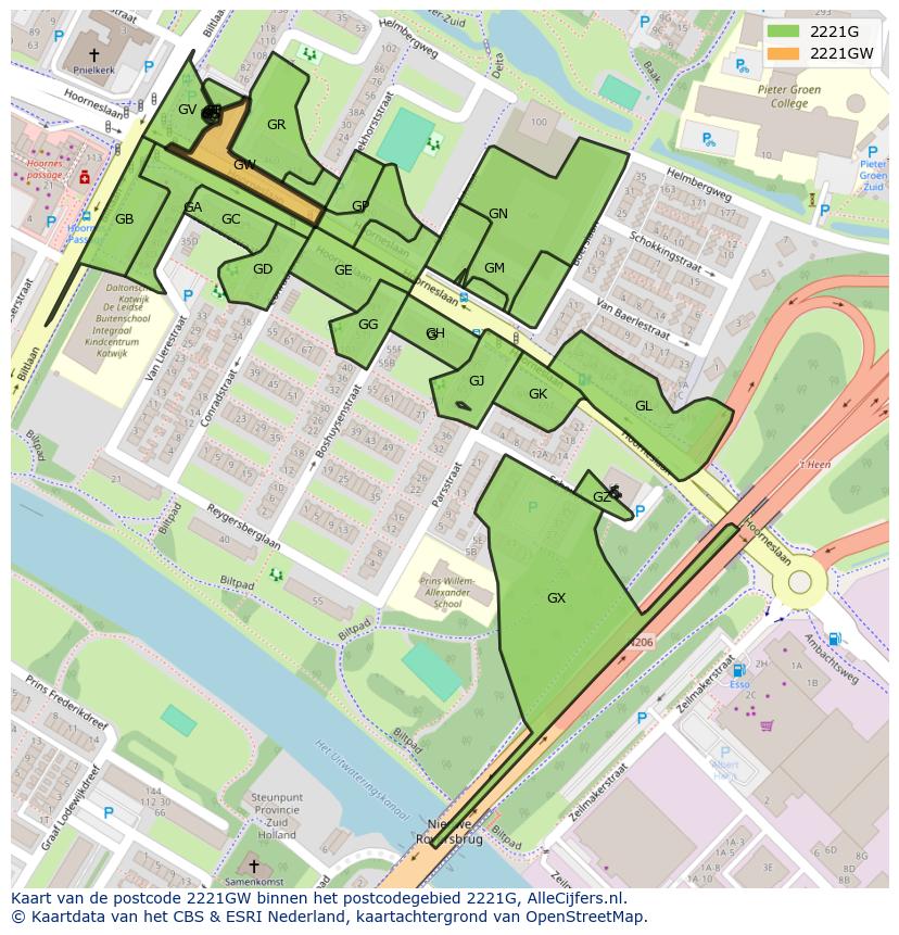 Afbeelding van het postcodegebied 2221 GW op de kaart.