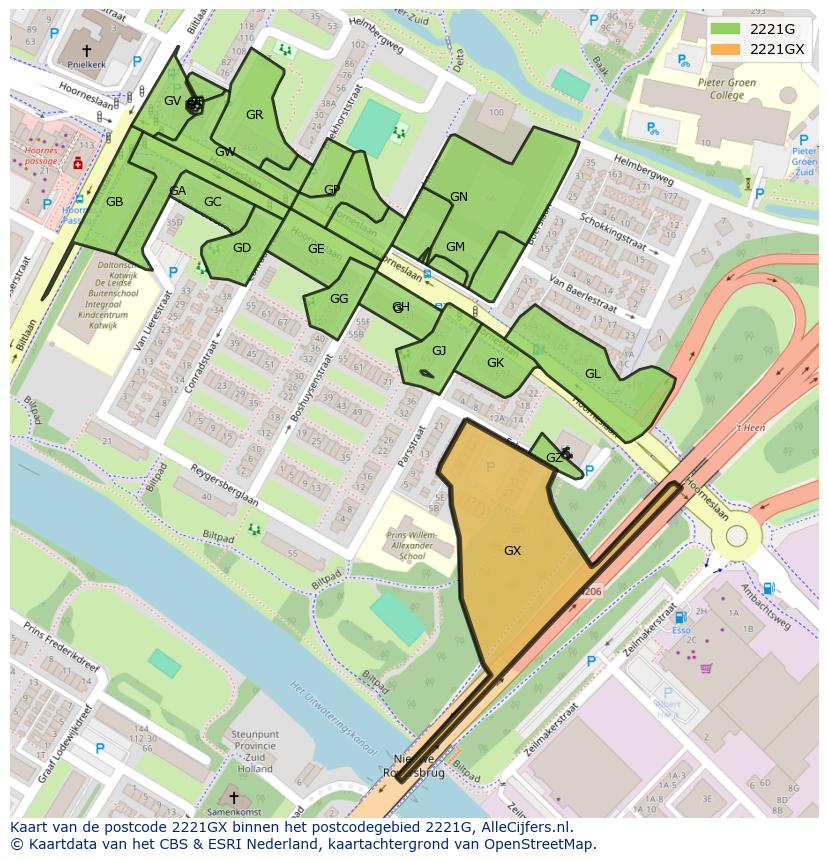 Afbeelding van het postcodegebied 2221 GX op de kaart.