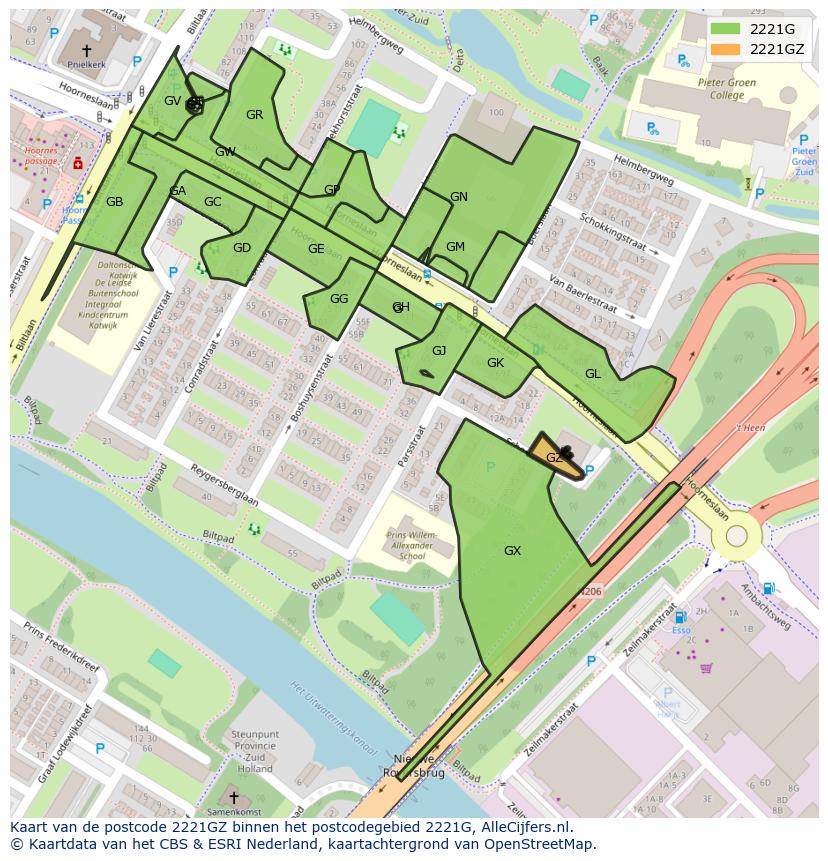 Afbeelding van het postcodegebied 2221 GZ op de kaart.