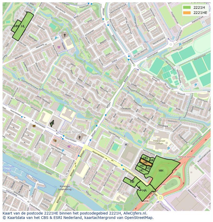 Afbeelding van het postcodegebied 2221 HE op de kaart.