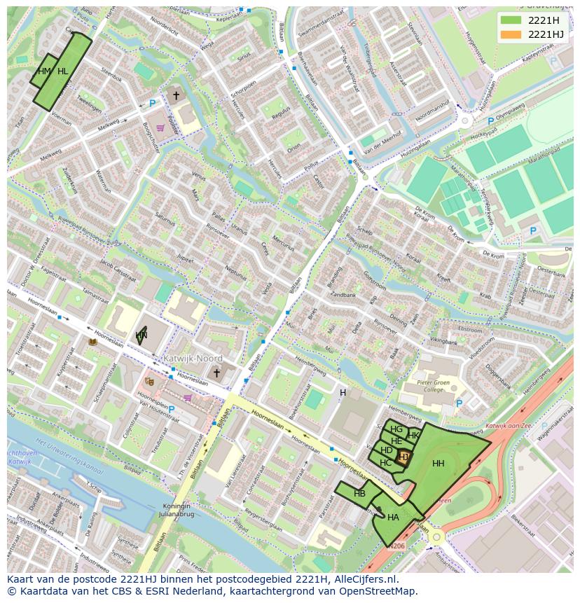Afbeelding van het postcodegebied 2221 HJ op de kaart.