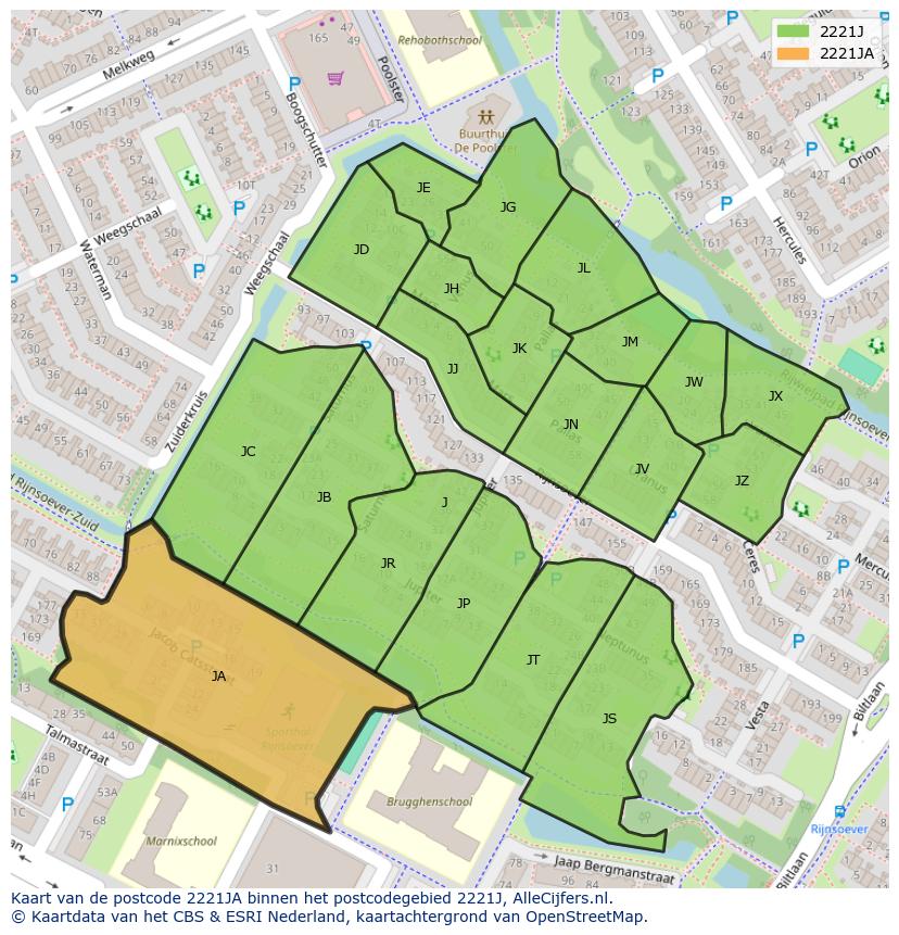 Afbeelding van het postcodegebied 2221 JA op de kaart.