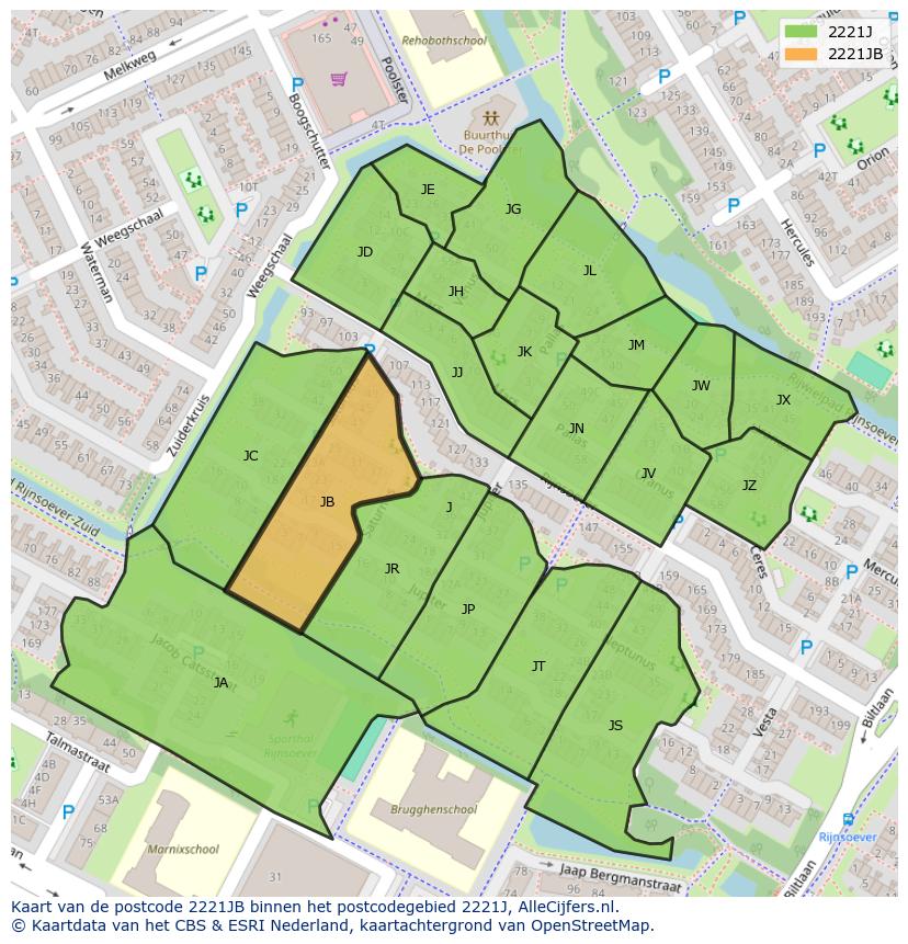 Afbeelding van het postcodegebied 2221 JB op de kaart.