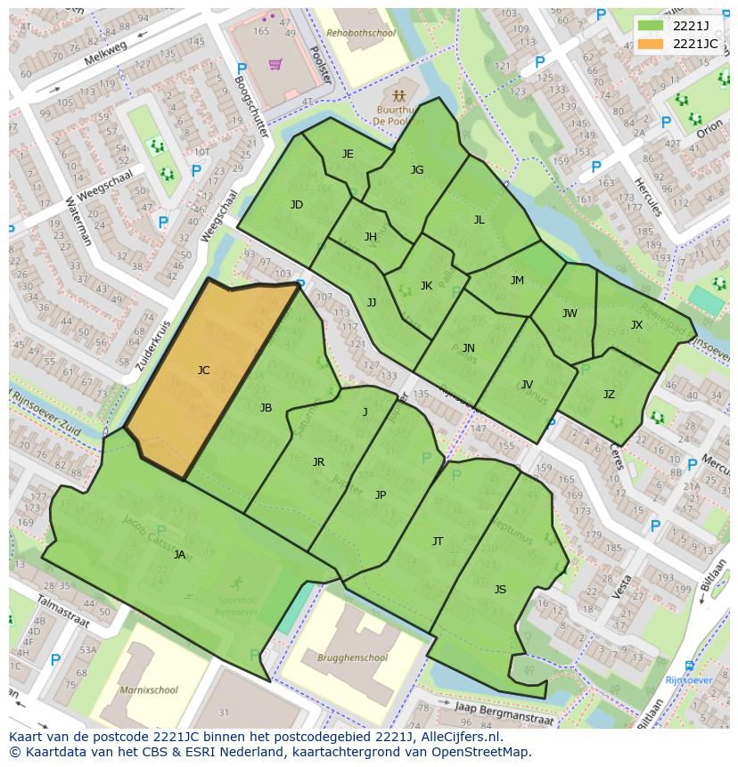 Afbeelding van het postcodegebied 2221 JC op de kaart.