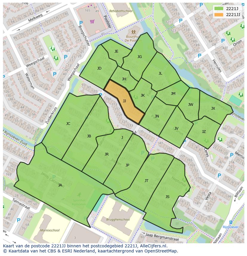 Afbeelding van het postcodegebied 2221 JJ op de kaart.