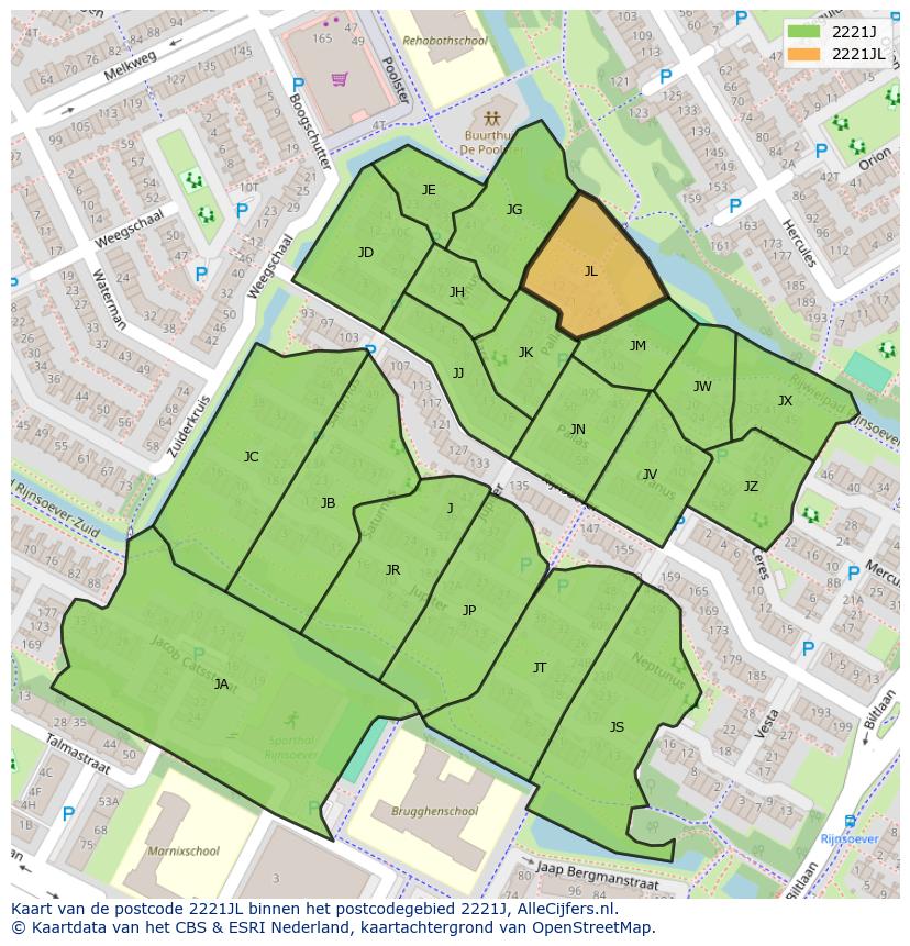 Afbeelding van het postcodegebied 2221 JL op de kaart.