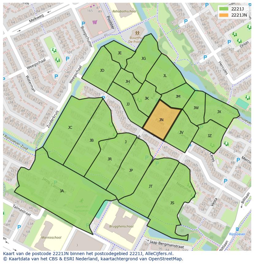 Afbeelding van het postcodegebied 2221 JN op de kaart.