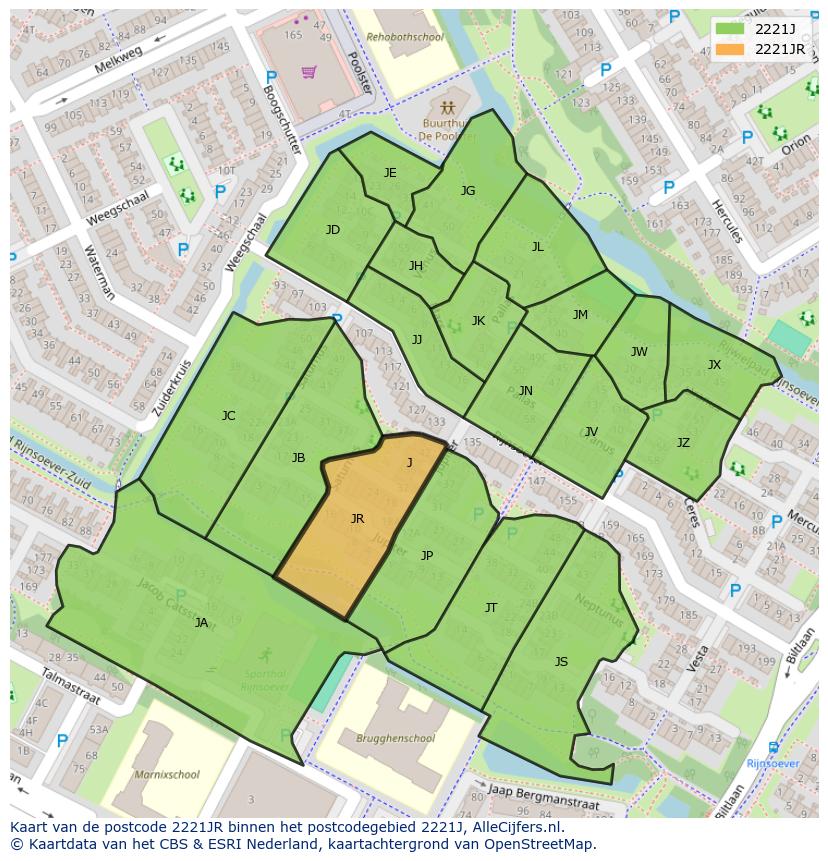Afbeelding van het postcodegebied 2221 JR op de kaart.