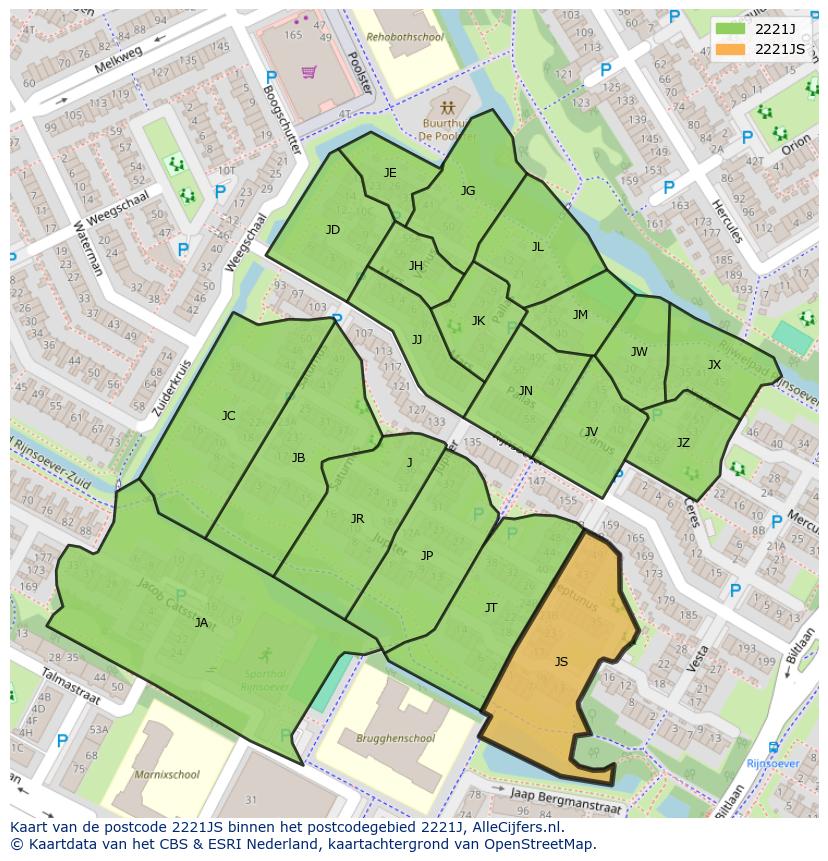Afbeelding van het postcodegebied 2221 JS op de kaart.