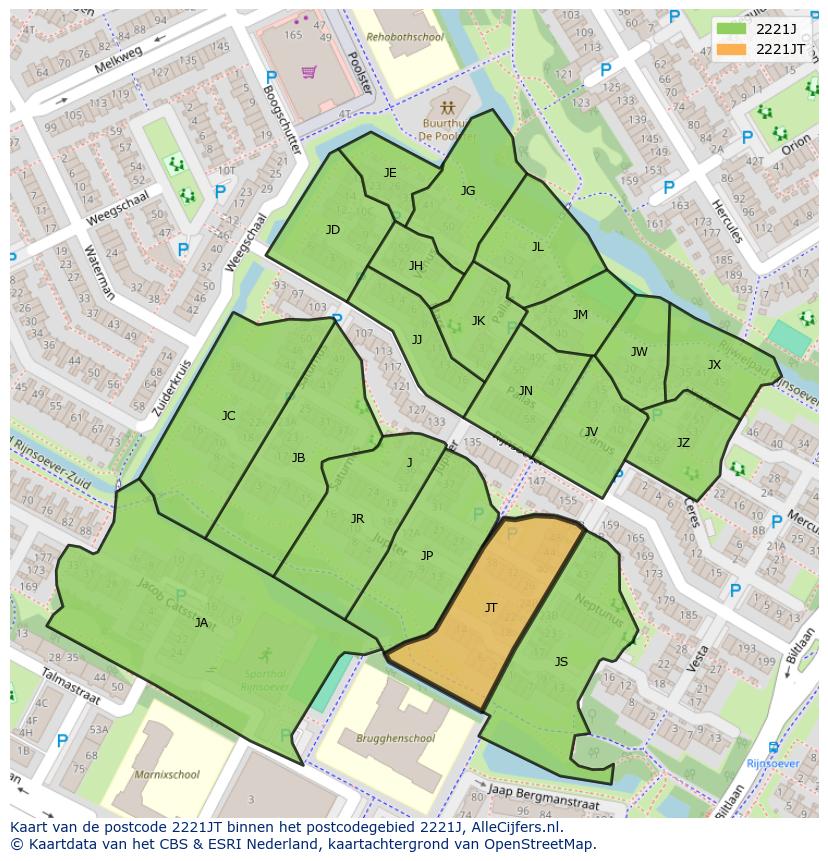 Afbeelding van het postcodegebied 2221 JT op de kaart.