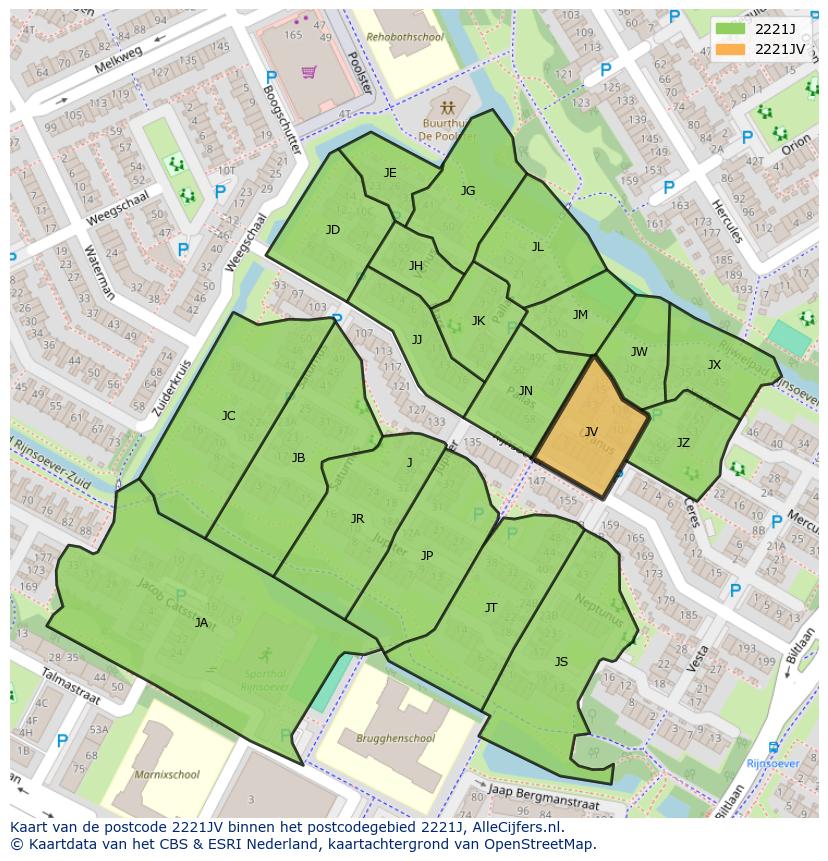 Afbeelding van het postcodegebied 2221 JV op de kaart.