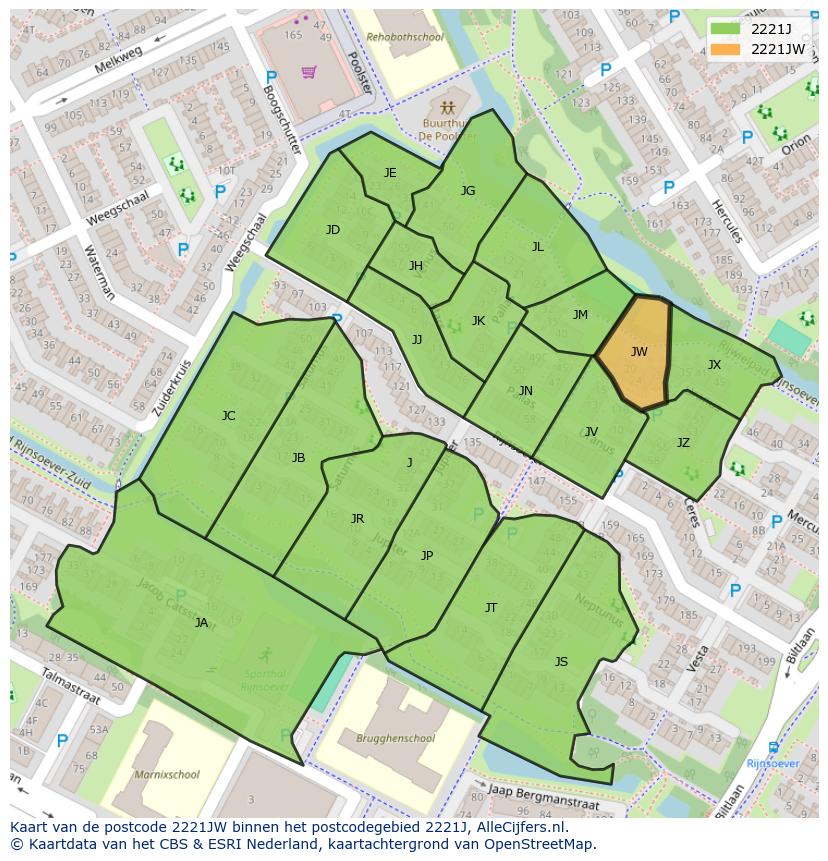 Afbeelding van het postcodegebied 2221 JW op de kaart.