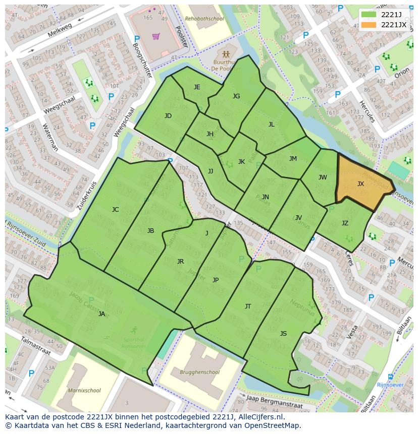 Afbeelding van het postcodegebied 2221 JX op de kaart.