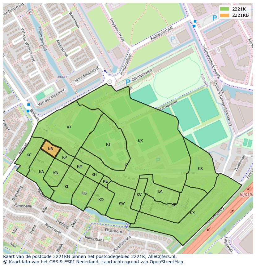 Afbeelding van het postcodegebied 2221 KB op de kaart.