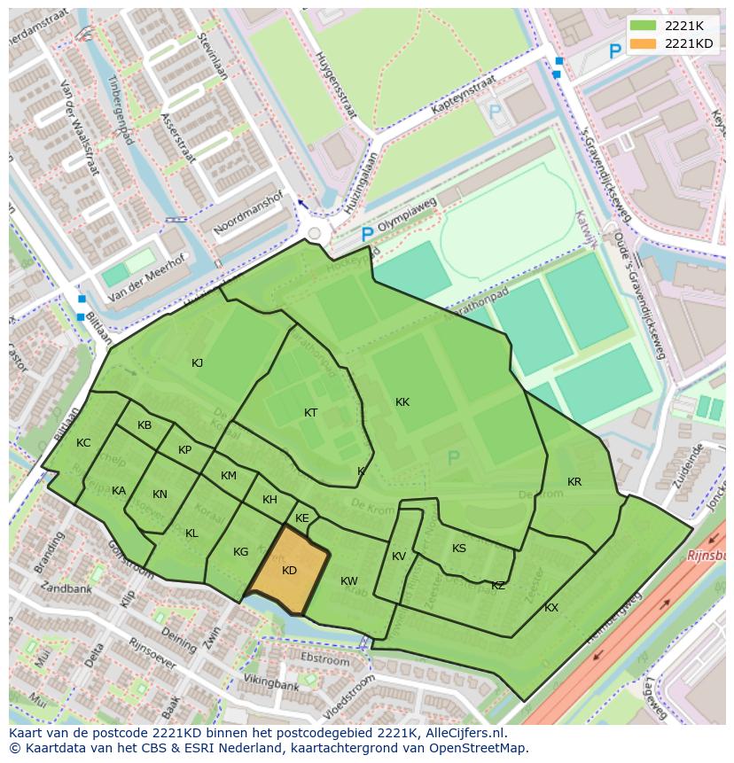 Afbeelding van het postcodegebied 2221 KD op de kaart.