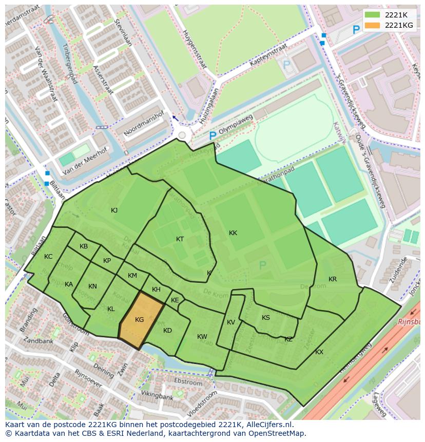 Afbeelding van het postcodegebied 2221 KG op de kaart.