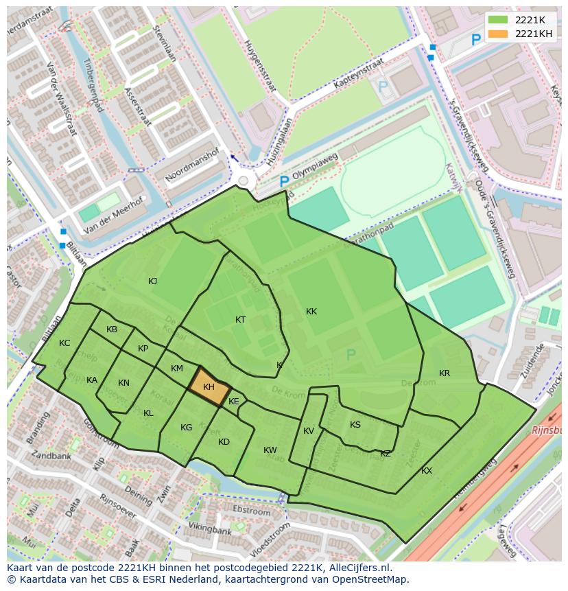 Afbeelding van het postcodegebied 2221 KH op de kaart.