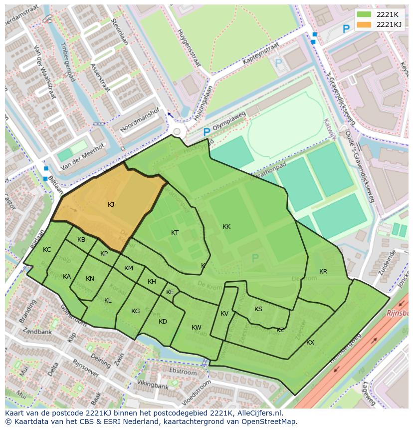 Afbeelding van het postcodegebied 2221 KJ op de kaart.