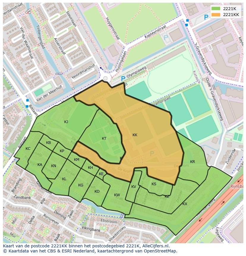 Afbeelding van het postcodegebied 2221 KK op de kaart.