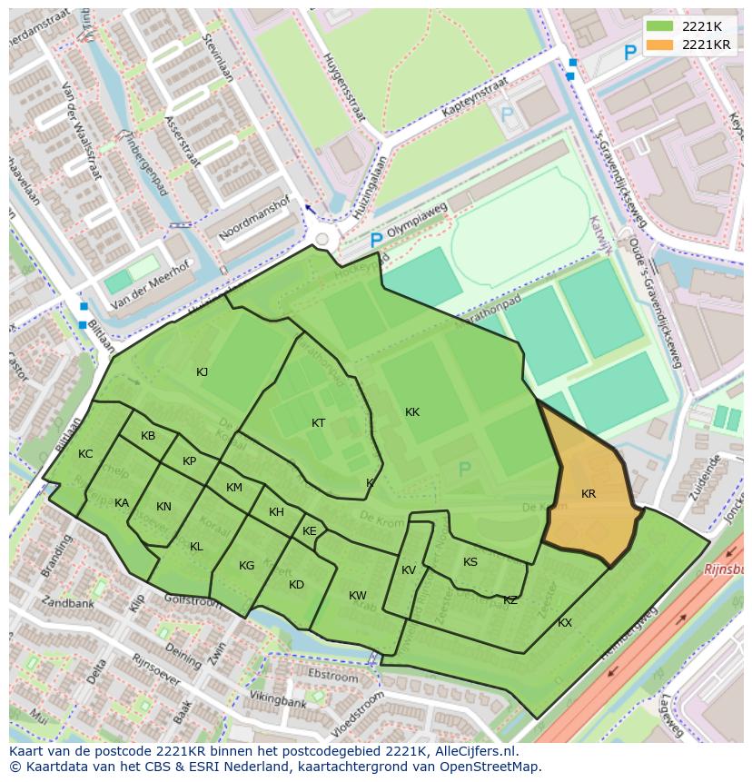 Afbeelding van het postcodegebied 2221 KR op de kaart.