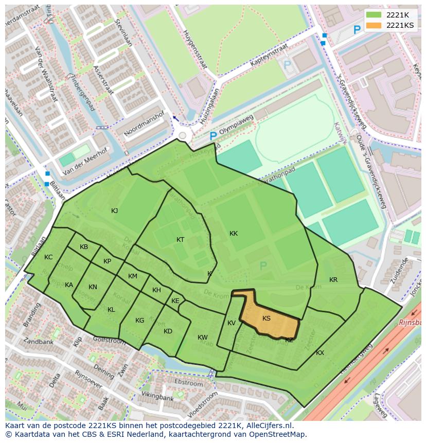 Afbeelding van het postcodegebied 2221 KS op de kaart.