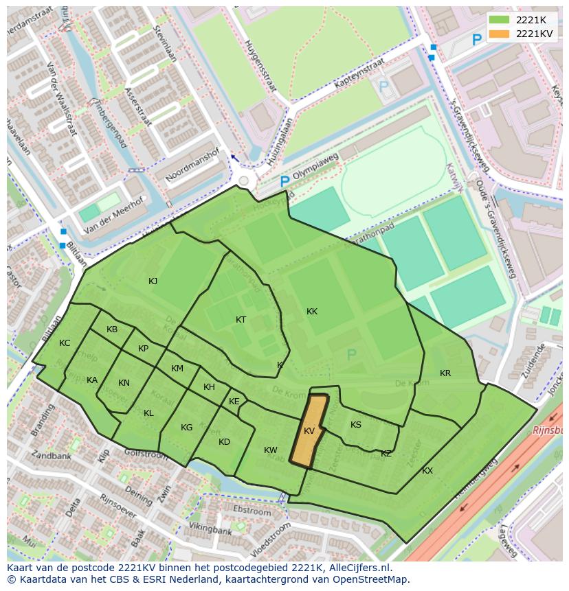 Afbeelding van het postcodegebied 2221 KV op de kaart.