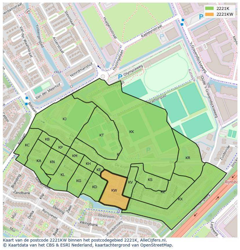 Afbeelding van het postcodegebied 2221 KW op de kaart.