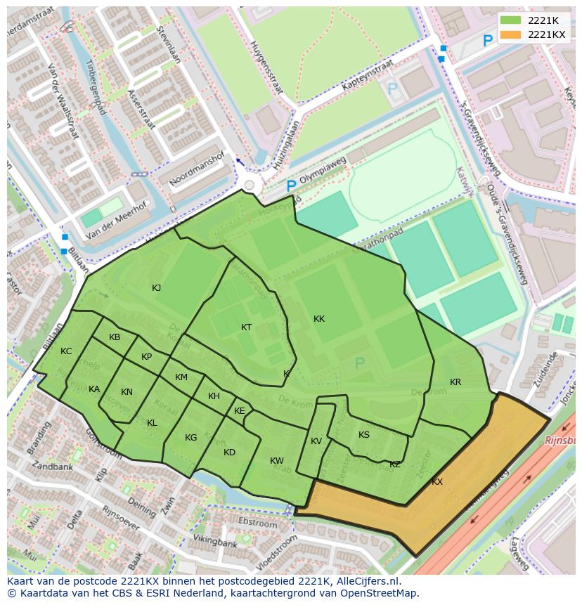 Afbeelding van het postcodegebied 2221 KX op de kaart.