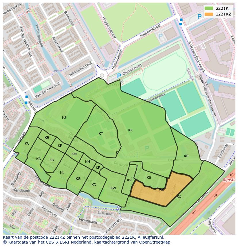 Afbeelding van het postcodegebied 2221 KZ op de kaart.