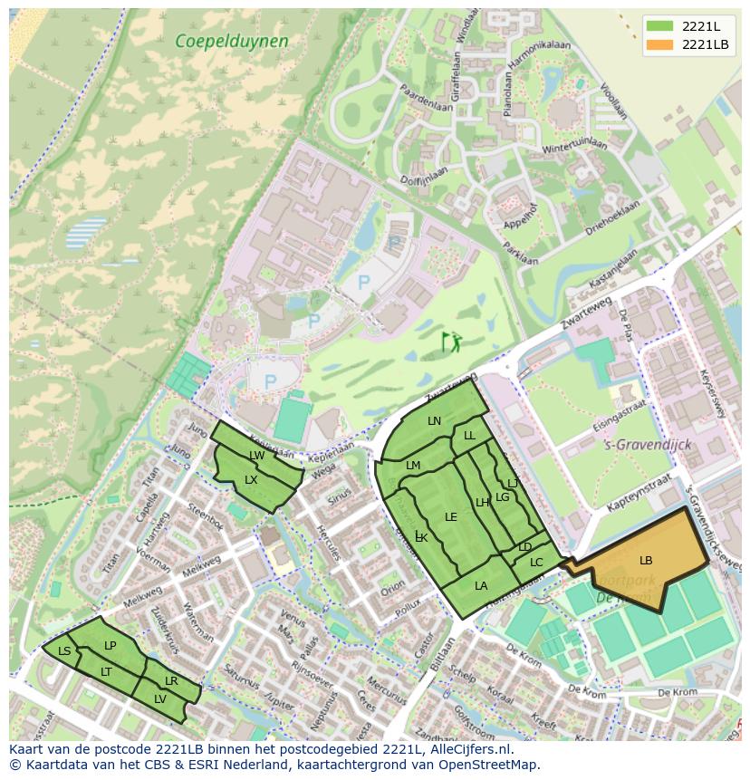 Afbeelding van het postcodegebied 2221 LB op de kaart.