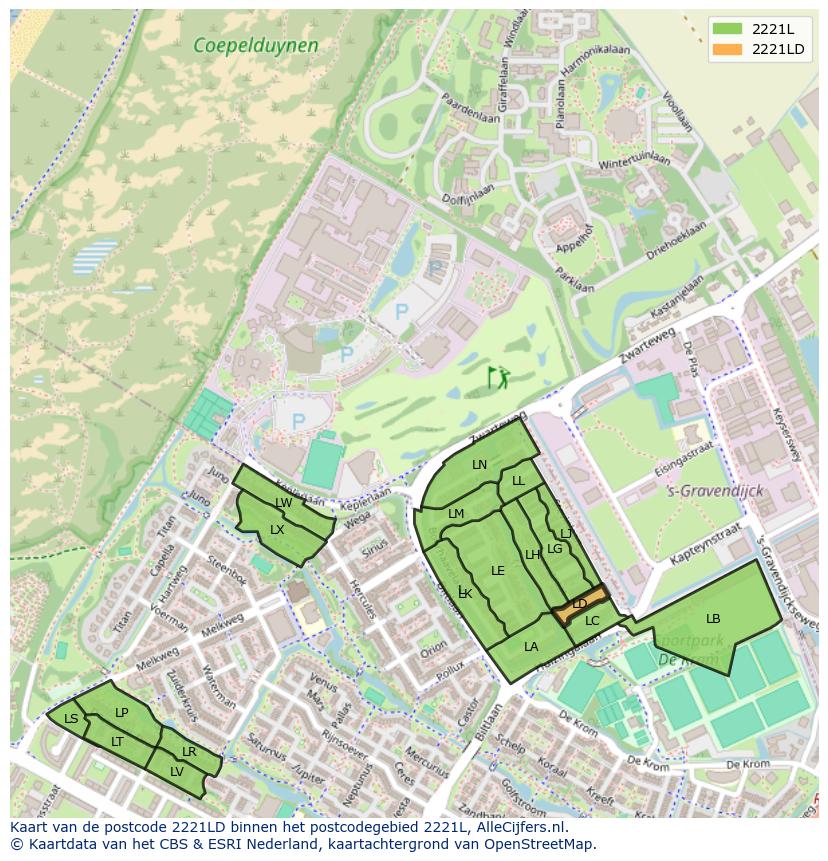 Afbeelding van het postcodegebied 2221 LD op de kaart.