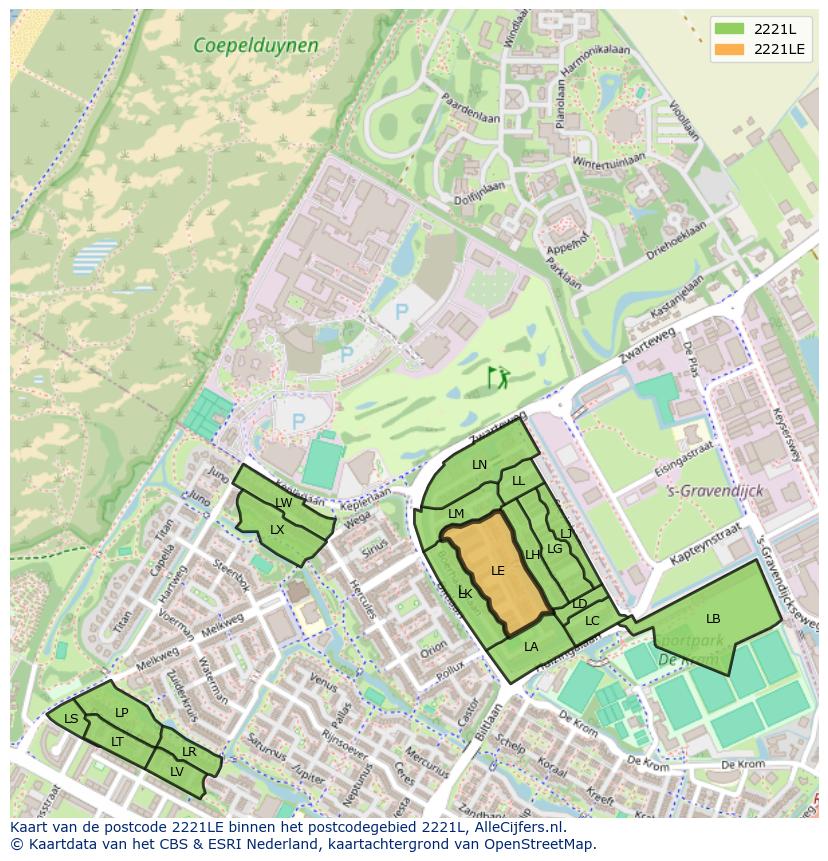 Afbeelding van het postcodegebied 2221 LE op de kaart.