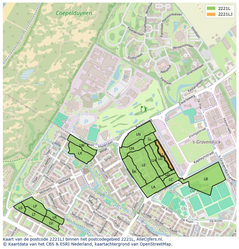 Afbeelding van het postcodegebied 2221 LJ op de kaart.