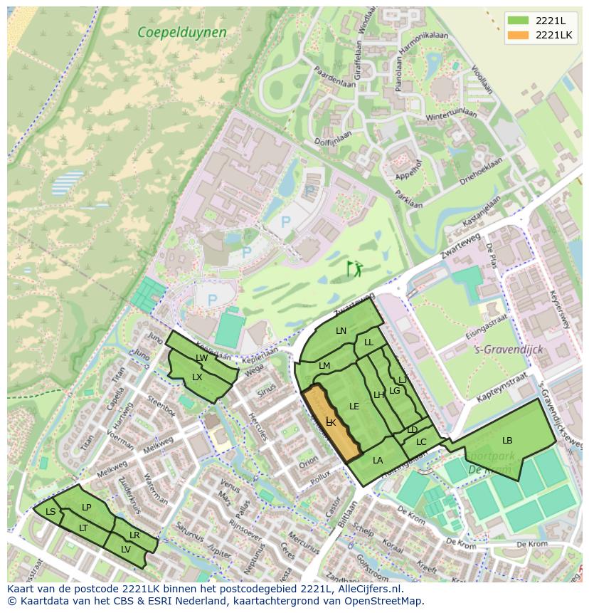 Afbeelding van het postcodegebied 2221 LK op de kaart.
