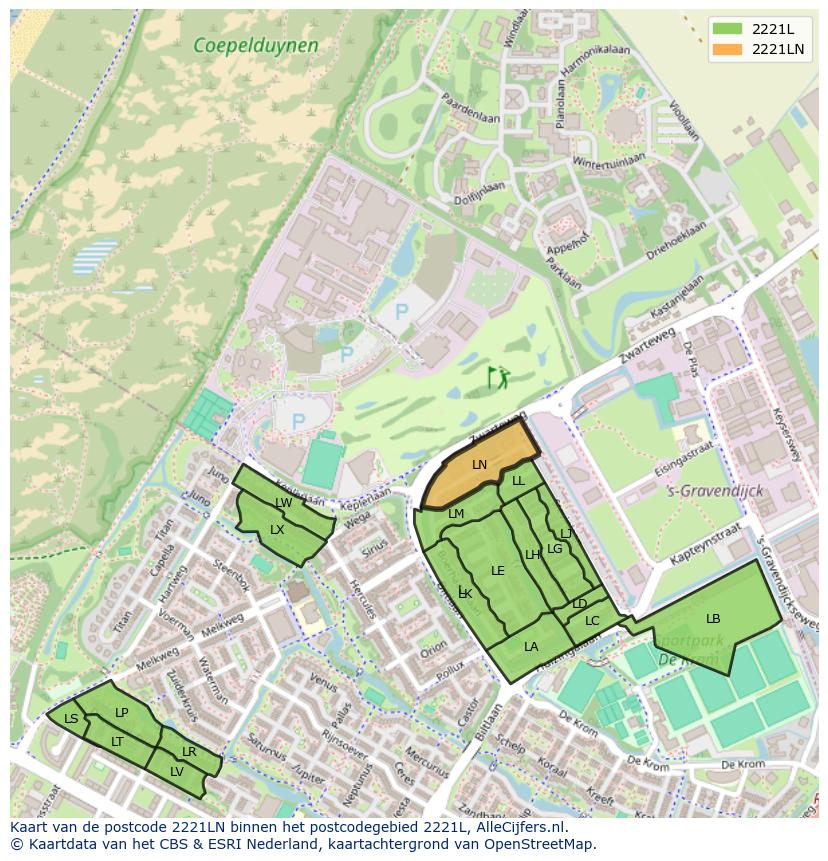 Afbeelding van het postcodegebied 2221 LN op de kaart.