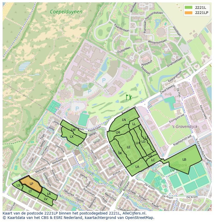 Afbeelding van het postcodegebied 2221 LP op de kaart.