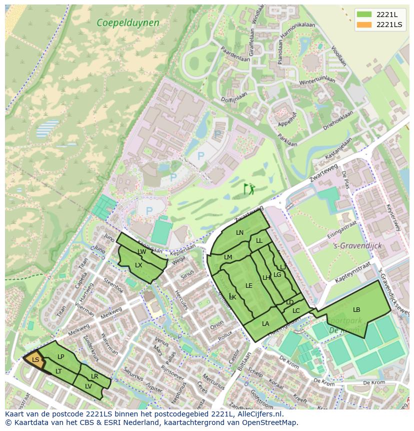 Afbeelding van het postcodegebied 2221 LS op de kaart.