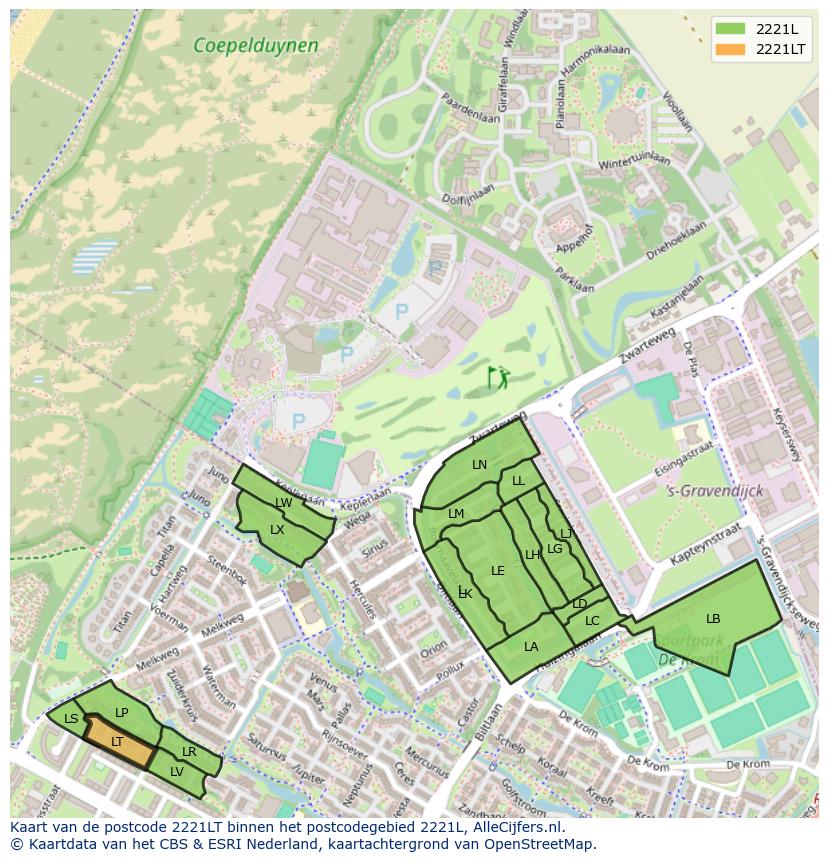 Afbeelding van het postcodegebied 2221 LT op de kaart.