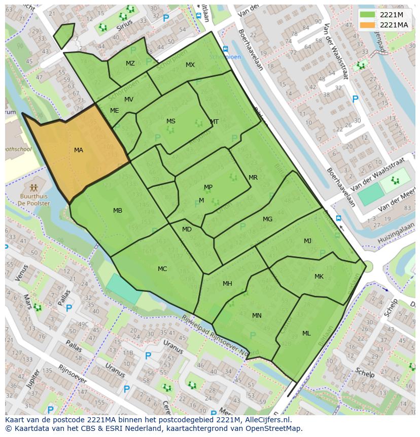 Afbeelding van het postcodegebied 2221 MA op de kaart.