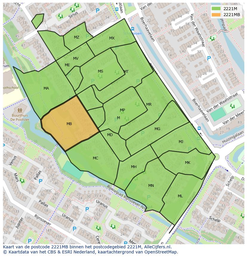 Afbeelding van het postcodegebied 2221 MB op de kaart.
