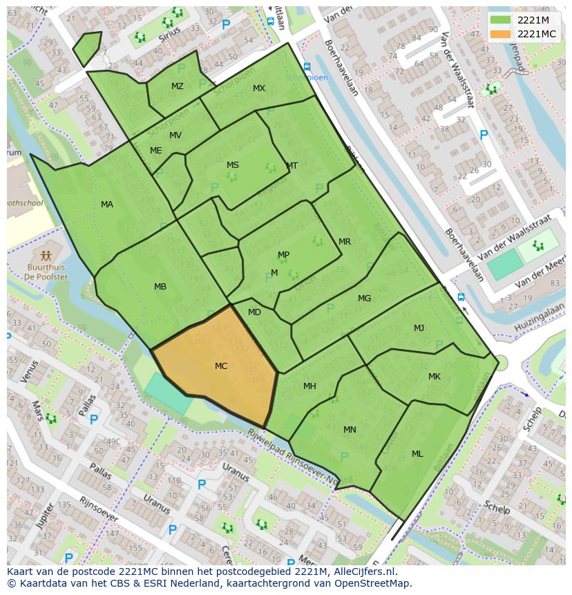 Afbeelding van het postcodegebied 2221 MC op de kaart.