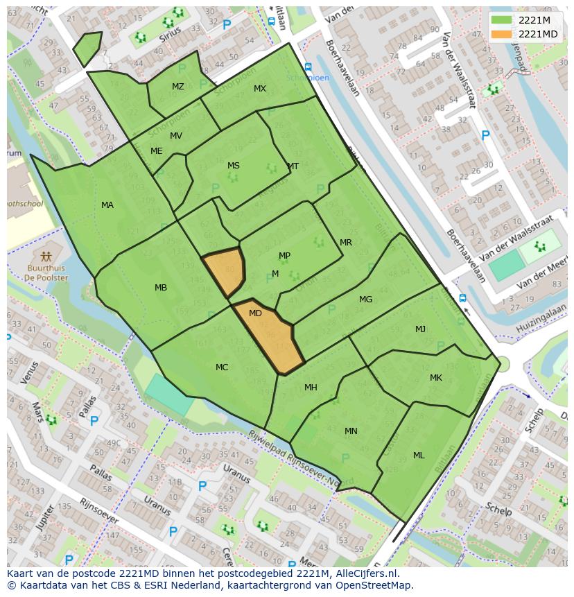 Afbeelding van het postcodegebied 2221 MD op de kaart.