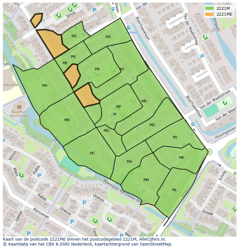Afbeelding van het postcodegebied 2221 ME op de kaart.