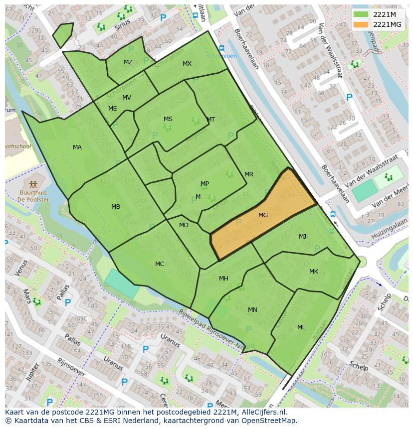 Afbeelding van het postcodegebied 2221 MG op de kaart.