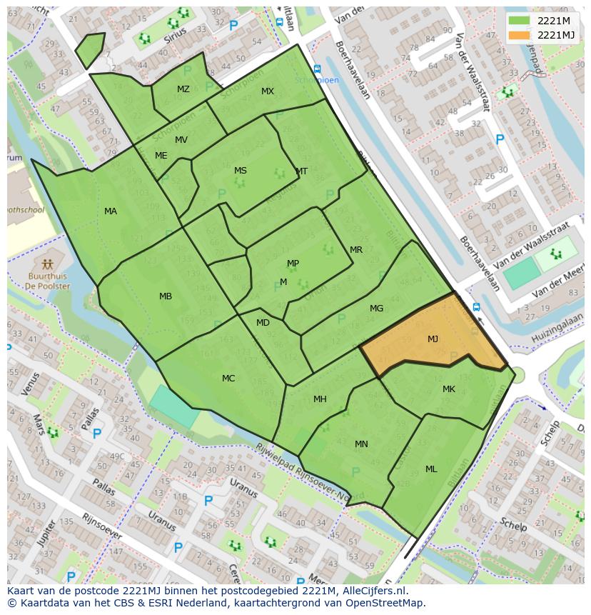Afbeelding van het postcodegebied 2221 MJ op de kaart.