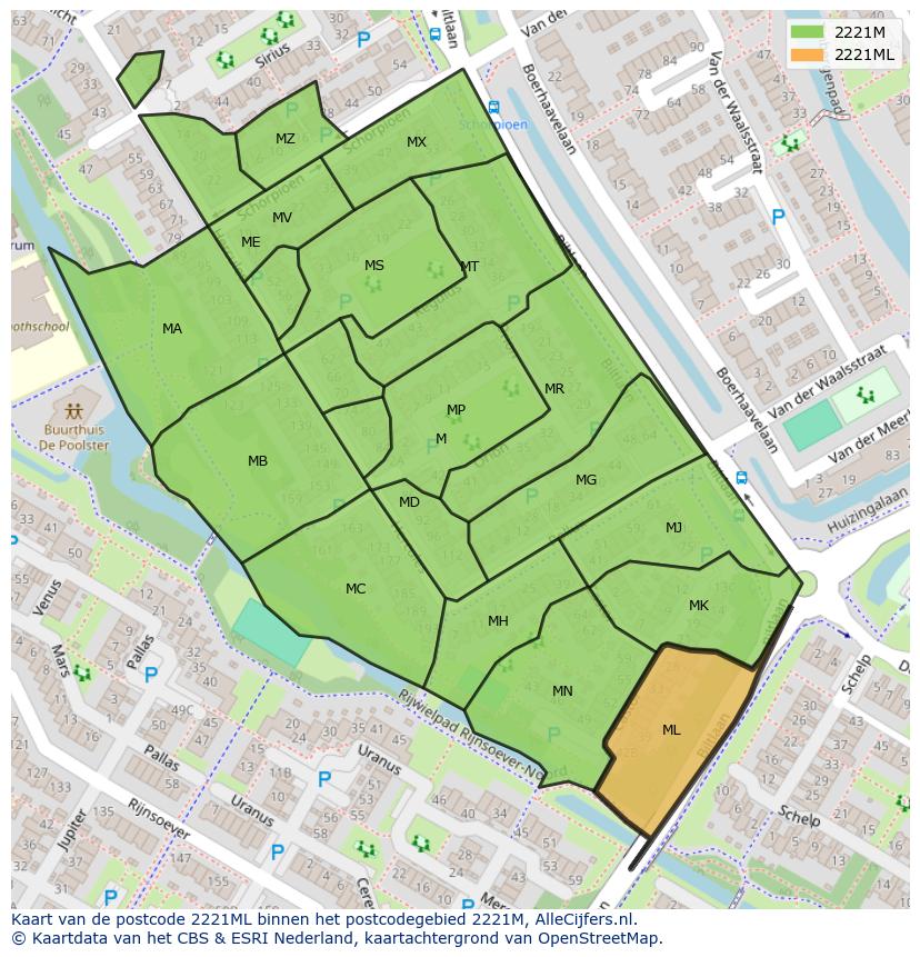 Afbeelding van het postcodegebied 2221 ML op de kaart.