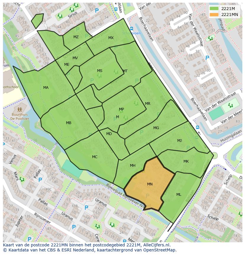 Afbeelding van het postcodegebied 2221 MN op de kaart.