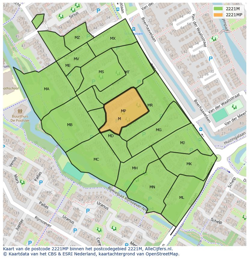 Afbeelding van het postcodegebied 2221 MP op de kaart.