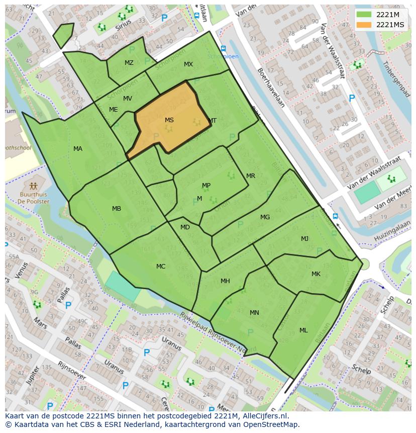 Afbeelding van het postcodegebied 2221 MS op de kaart.
